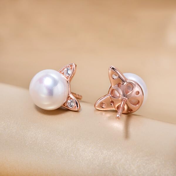 Cubic Zirconia Ear Cat Pearl Stud Earrings