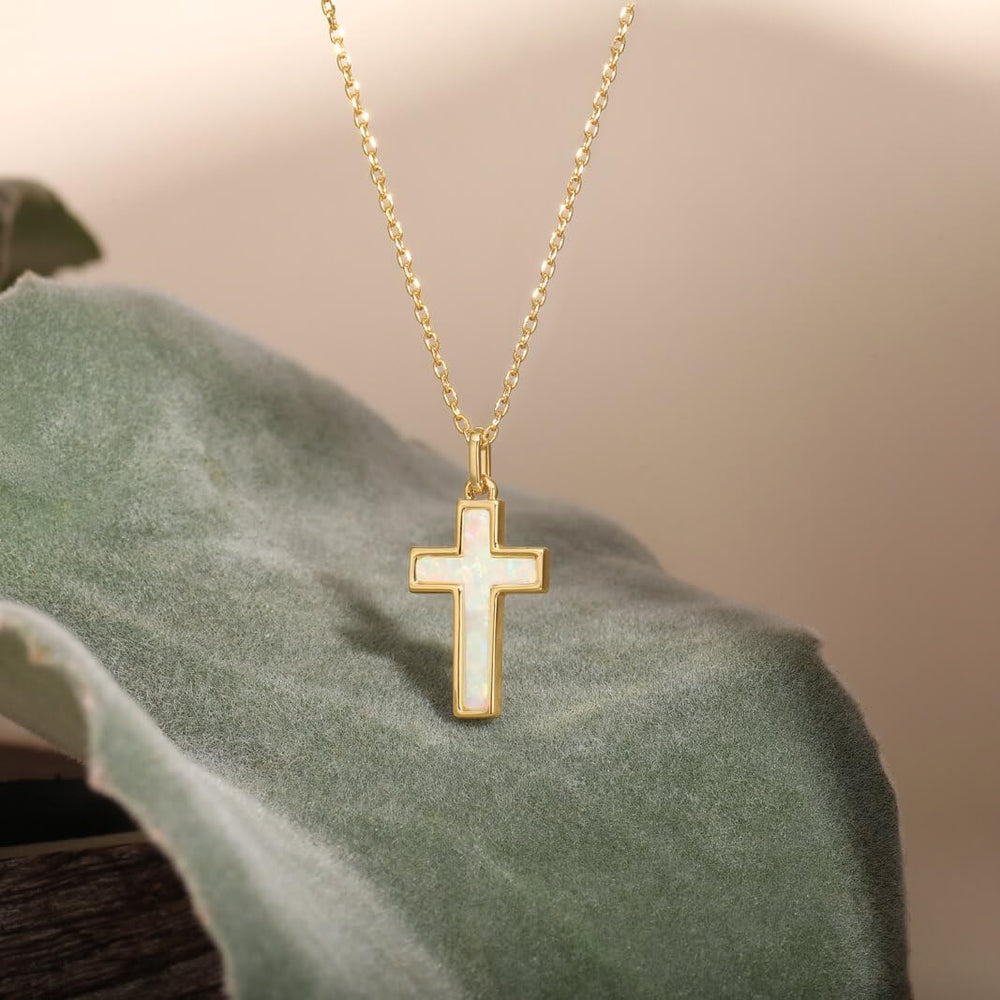 S.Leaf Cross Necklaces for Women 18K Gold Plated Cross Opal Pendant Charm Necklaces