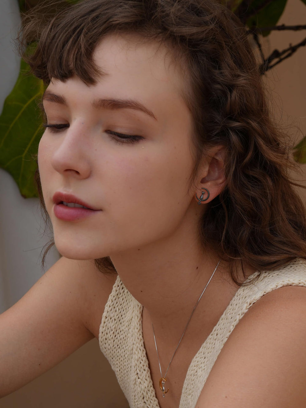 Cat Moon Stud Earrings Sterling Silver