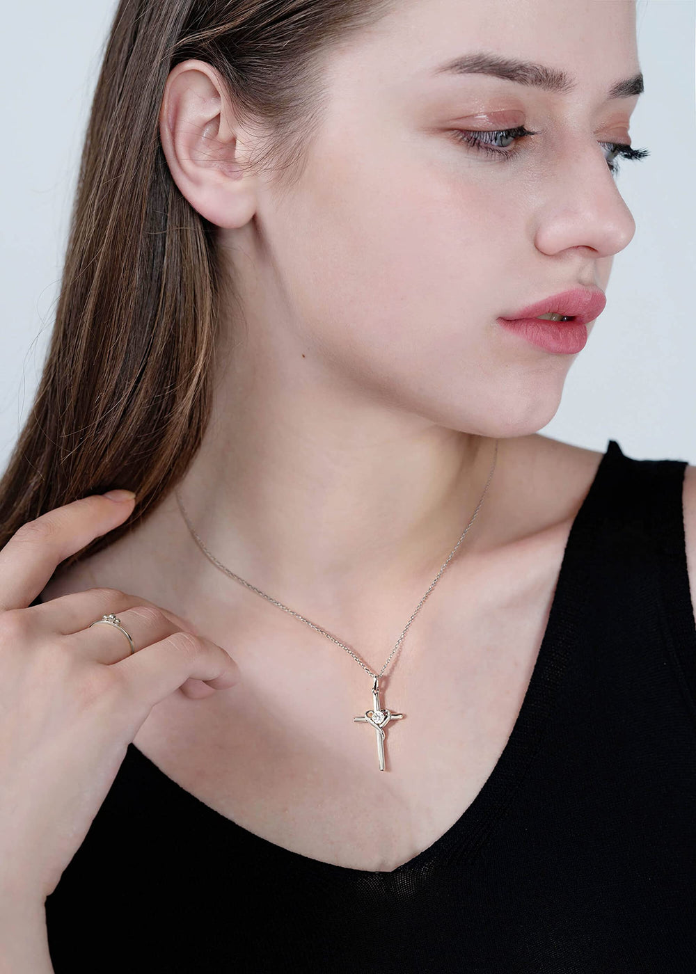 S.Leaf Single Diamond Love Women's Cross Necklace