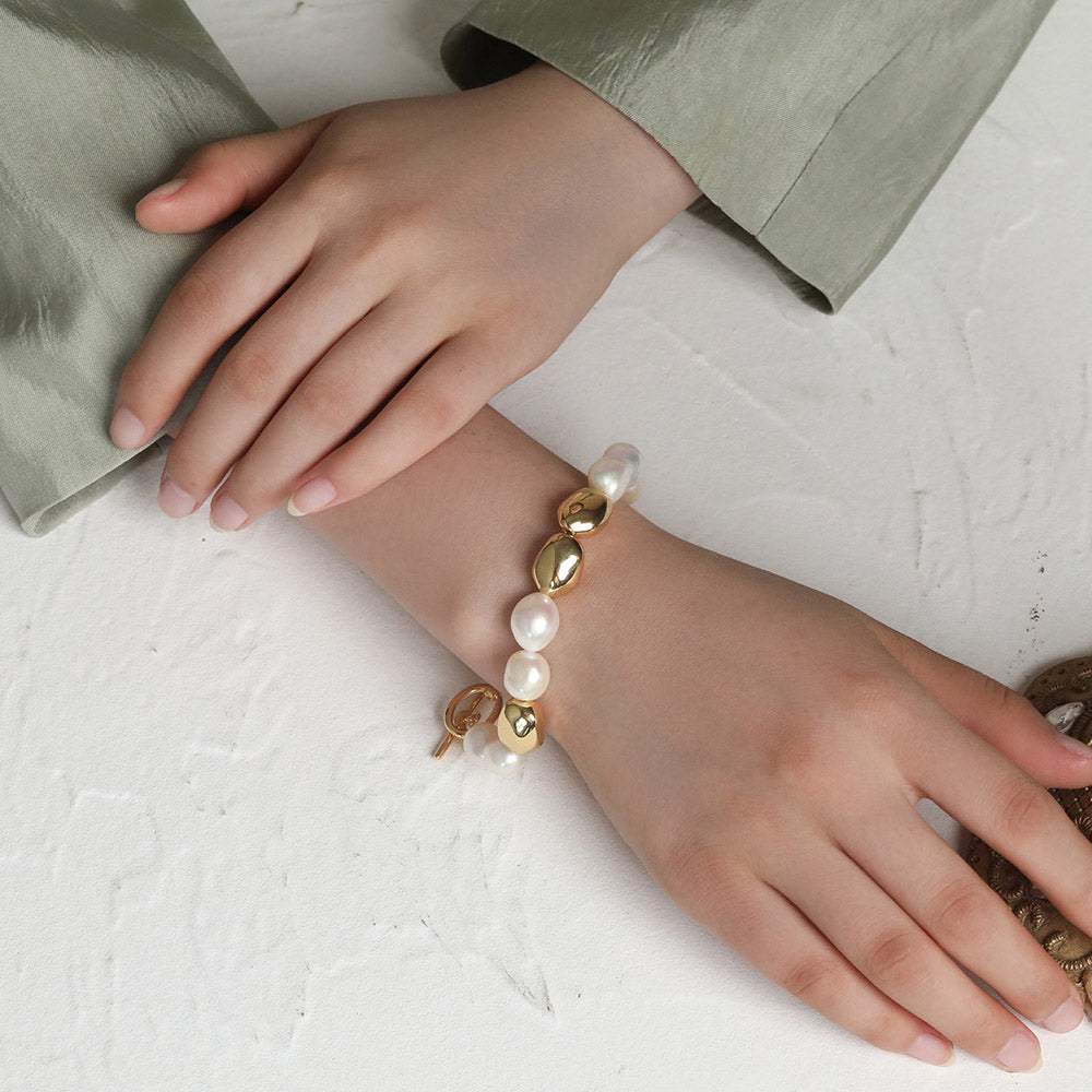 Gold Bead Natural Baroque Pearl Bracelet