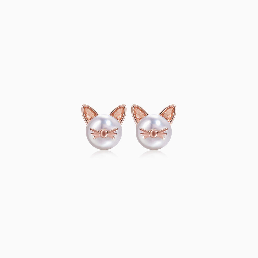 Cute Whisker Cat Pearl Stud Earrings