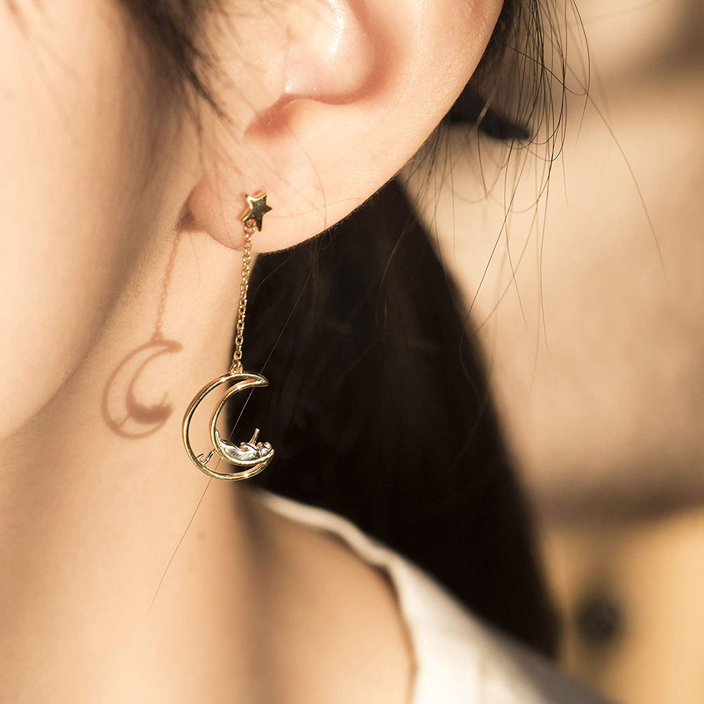 Moon Star Cat Dangle Earrings